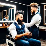 A professional male barber, in a crisp, modest barber uniform, expertly styling the elaborate, spiky hair of an eccentric, fully clothed rock musician client. The client has a detailed, well-groomed beard and is seated in a modern barber chair. They are in a vibrantly lit hair salon with stylish mirrors and contemporary decor in the background. The atmosphere is creative and energetic. perfect anatomy, correct proportions, natural pose, well-formed hands, proper finger count, natural body proportions, professional photography, high quality, safe for work, appropriate content, fully clothed, professional dress.