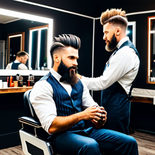 A professional male barber, in a crisp, modest barber uniform, expertly styling the elaborate, spiky hair of an eccentric, fully clothed rock musician client. The client has a detailed, well-groomed beard and is seated in a modern barber chair. They are in a vibrantly lit hair salon with stylish mirrors and contemporary decor in the background. The atmosphere is creative and energetic. perfect anatomy, correct proportions, natural pose, well-formed hands, proper finger count, natural body proportions, professional photography, high quality, safe for work, appropriate content, fully clothed, professional dress.