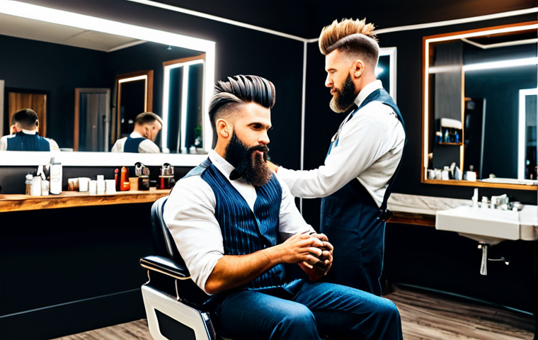 A professional male barber, in a crisp, modest barber uniform, expertly styling the elaborate, spiky hair of an eccentric, fully clothed rock musician client. The client has a detailed, well-groomed beard and is seated in a modern barber chair. They are in a vibrantly lit hair salon with stylish mirrors and contemporary decor in the background. The atmosphere is creative and energetic. perfect anatomy, correct proportions, natural pose, well-formed hands, proper finger count, natural body proportions, professional photography, high quality, safe for work, appropriate content, fully clothed, professional dress.