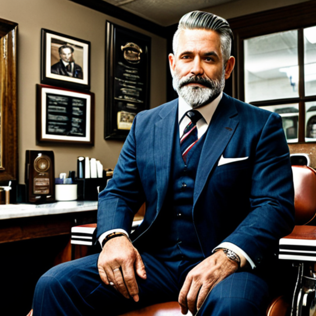 The Legacy Shot**

"A distinguished gentleman in his late 40s with a neatly trimmed beard, sitting comfortably in a classic barber chair within Brad's Barbershop, fully clothed in a tailored suit. The backdrop showcases awards and certificates.  Soft, diffused lighting.  Emphasis on the awards in the background, and the man's confident, relaxed expression. 'Barbershop de Brad' subtly visible.  Perfect anatomy, correct proportions, well-formed hands, proper finger count, natural body proportions, safe for work, appropriate content, fully clothed, professional, family-friendly."

**