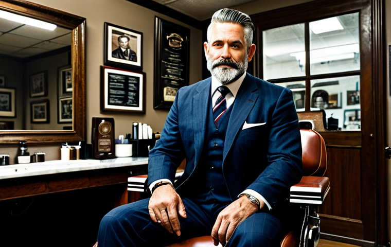 The Legacy Shot**

"A distinguished gentleman in his late 40s with a neatly trimmed beard, sitting comfortably in a classic barber chair within Brad's Barbershop, fully clothed in a tailored suit. The backdrop showcases awards and certificates.  Soft, diffused lighting.  Emphasis on the awards in the background, and the man's confident, relaxed expression. 'Barbershop de Brad' subtly visible.  Perfect anatomy, correct proportions, well-formed hands, proper finger count, natural body proportions, safe for work, appropriate content, fully clothed, professional, family-friendly."

**