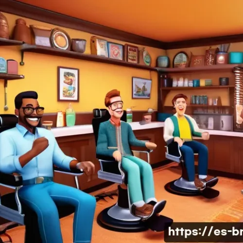 브래드이발소 성우 정보 - A lively animated barber shop interior filled with diverse characters: Brad, a warm and versatile ma...