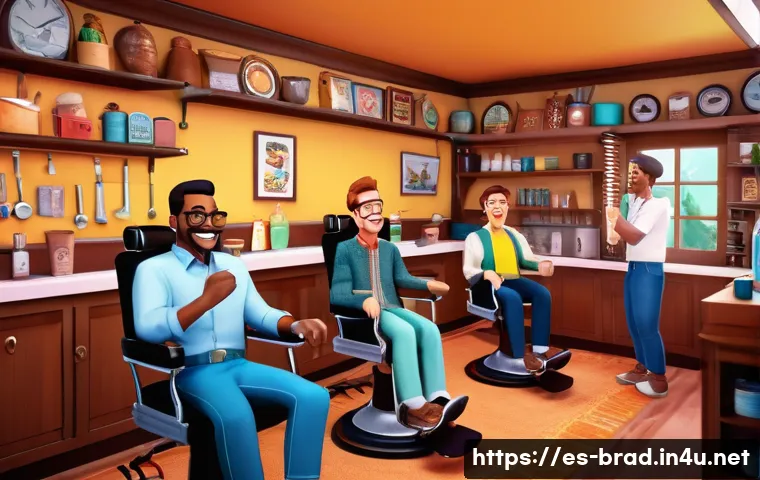 브래드이발소 성우 정보 - A lively animated barber shop interior filled with diverse characters: Brad, a warm and versatile ma...