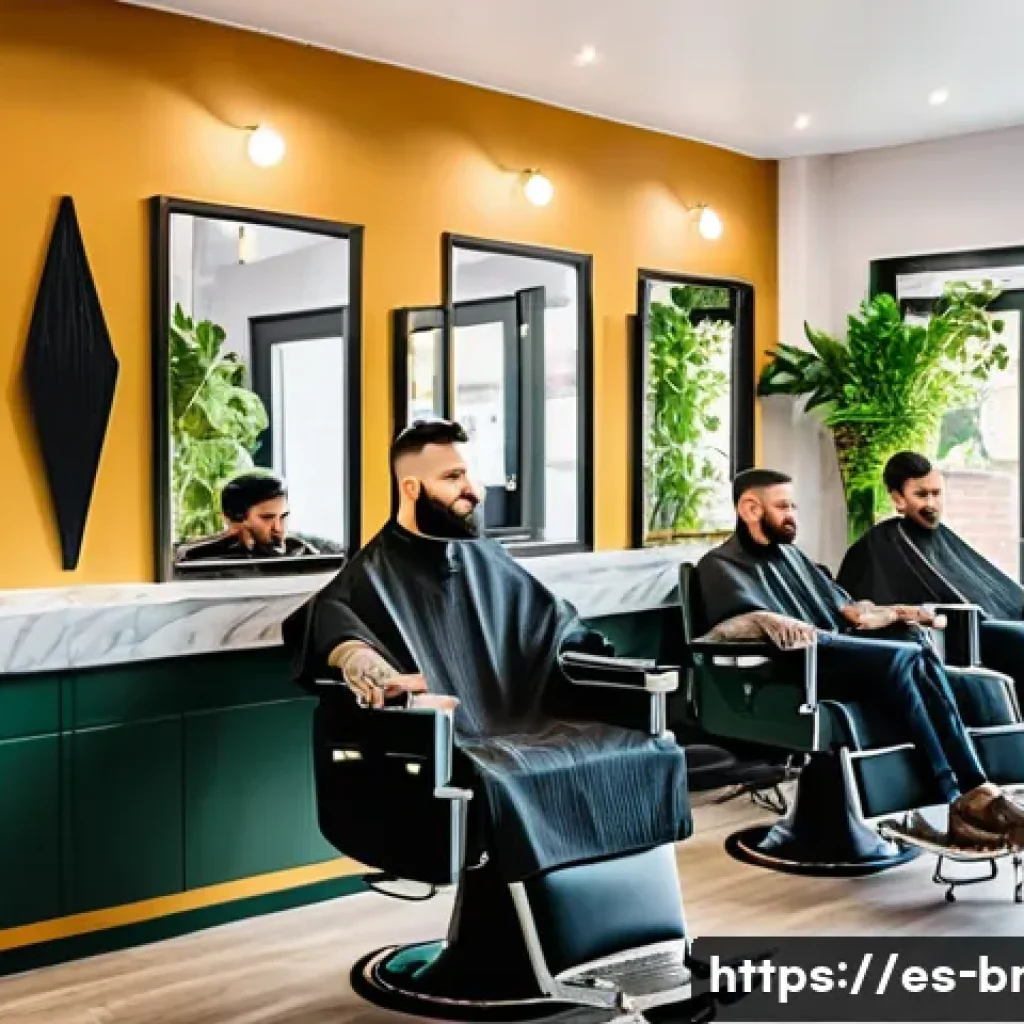 브래드이발소 이벤트 일정 - A modern Spanish barbershop interior during a spring promotion event, featuring stylish men with fre...