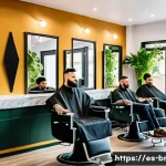 브래드이발소 이벤트 일정 - A modern Spanish barbershop interior during a spring promotion event, featuring stylish men with fre...
