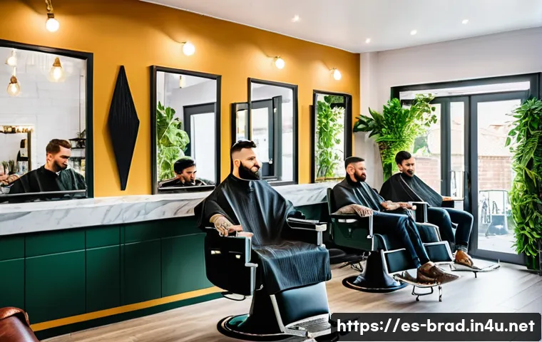 브래드이발소 이벤트 일정 - A modern Spanish barbershop interior during a spring promotion event, featuring stylish men with fre...
