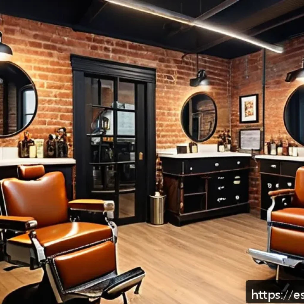 브래드이발소와 경쟁작 비교 - A modern, cozy barbershop interior blending industrial and vintage styles, featuring exposed brick w...