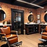 브래드이발소와 경쟁작 비교 - A modern, cozy barbershop interior blending industrial and vintage styles, featuring exposed brick w...