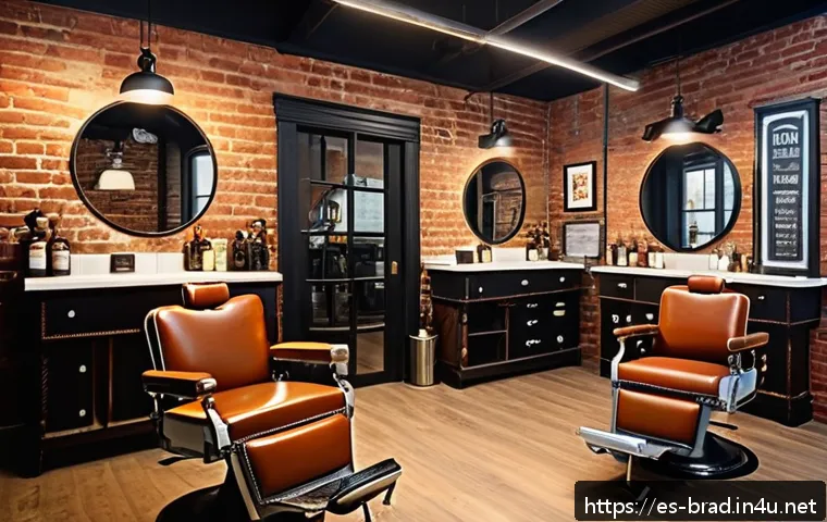 브래드이발소와 경쟁작 비교 - A modern, cozy barbershop interior blending industrial and vintage styles, featuring exposed brick w...