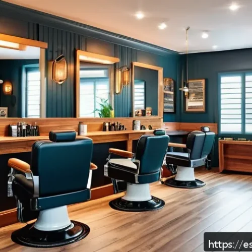 브래드이발소 매니저 성격 및 특징 - A modern barbershop interior with warm, inviting lighting and cozy decor, showing a friendly female ...