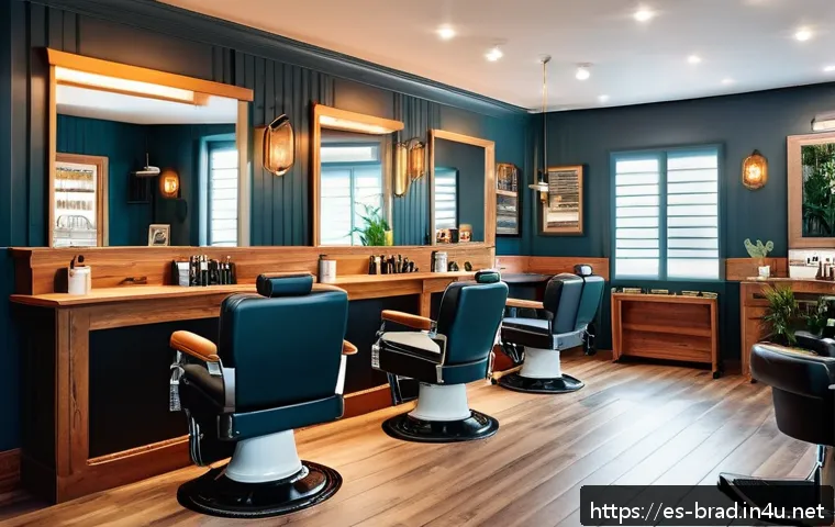 브래드이발소 매니저 성격 및 특징 - A modern barbershop interior with warm, inviting lighting and cozy decor, showing a friendly female ...