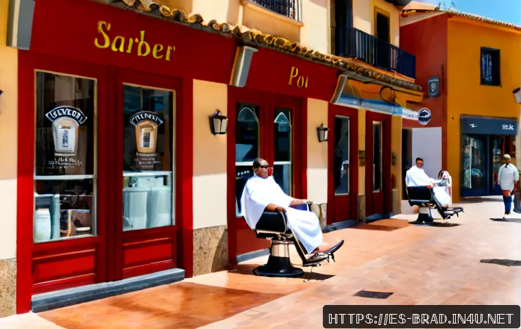 Home 16 브래드이발소의 브랜드 가치 - Photorealistic premium neighborhood barbershop in a sunny Spanish plaza, cheerful red-and-cream exte...